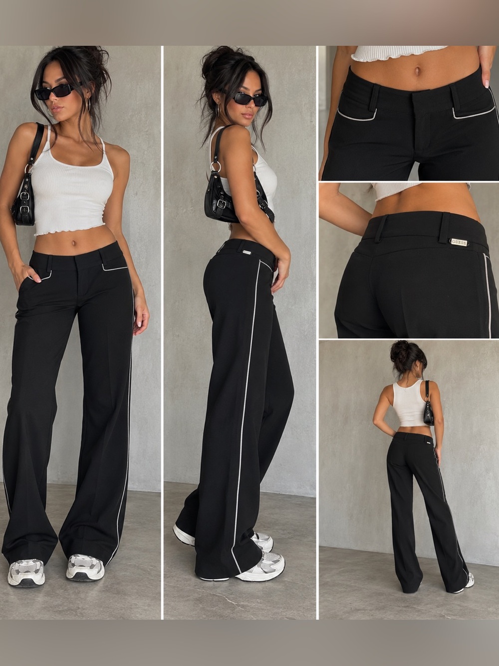 Guess black wide leg pants with white piping along the side seams